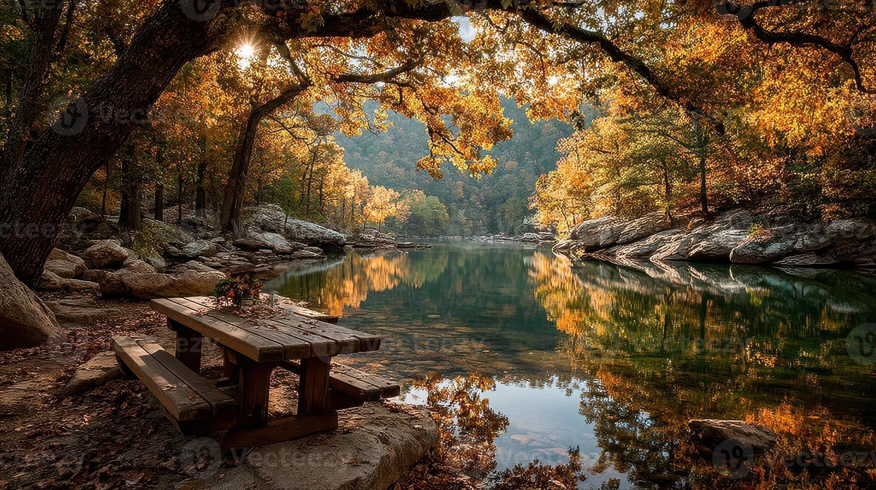 Autumn reflections by a serene lake surrounded by golden foliage at sunset photo