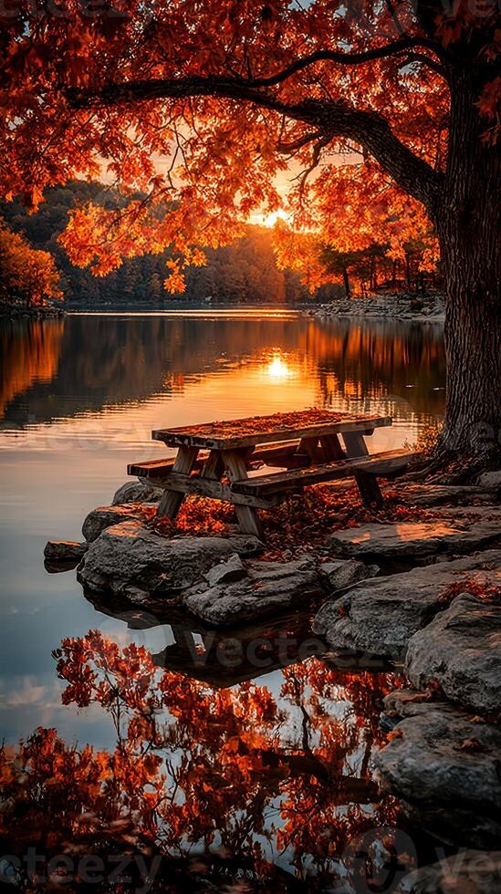 Sunset reflections at a lakeside picnic spot surrounded by vibrant autumn foliage photo