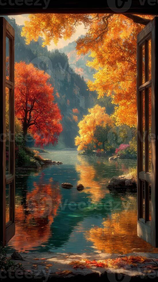 Vibrant autumn landscape viewed through open windows overlooking a tranquil river photo