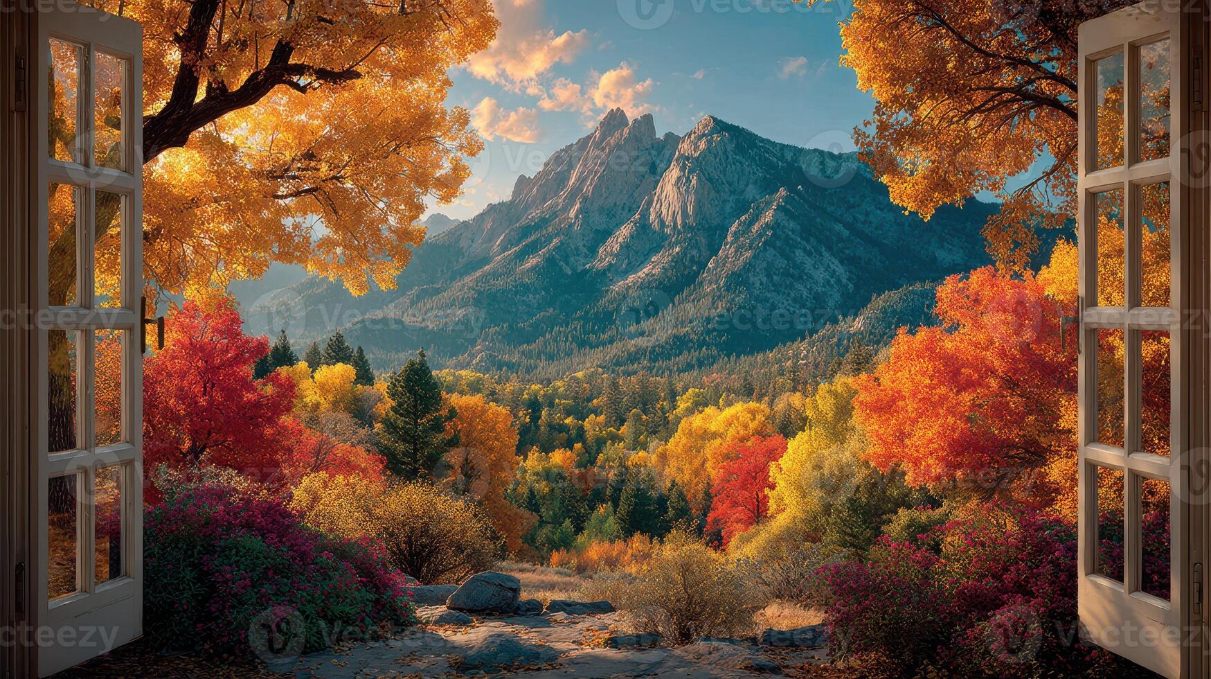 Beautiful autumn view from an open window overlooking colorful trees and mountains during golden hour photo