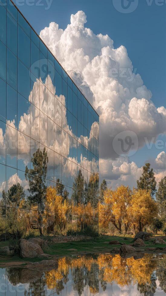 Reflection of autumn trees and clouds on a glass building under a bright blue sky photo