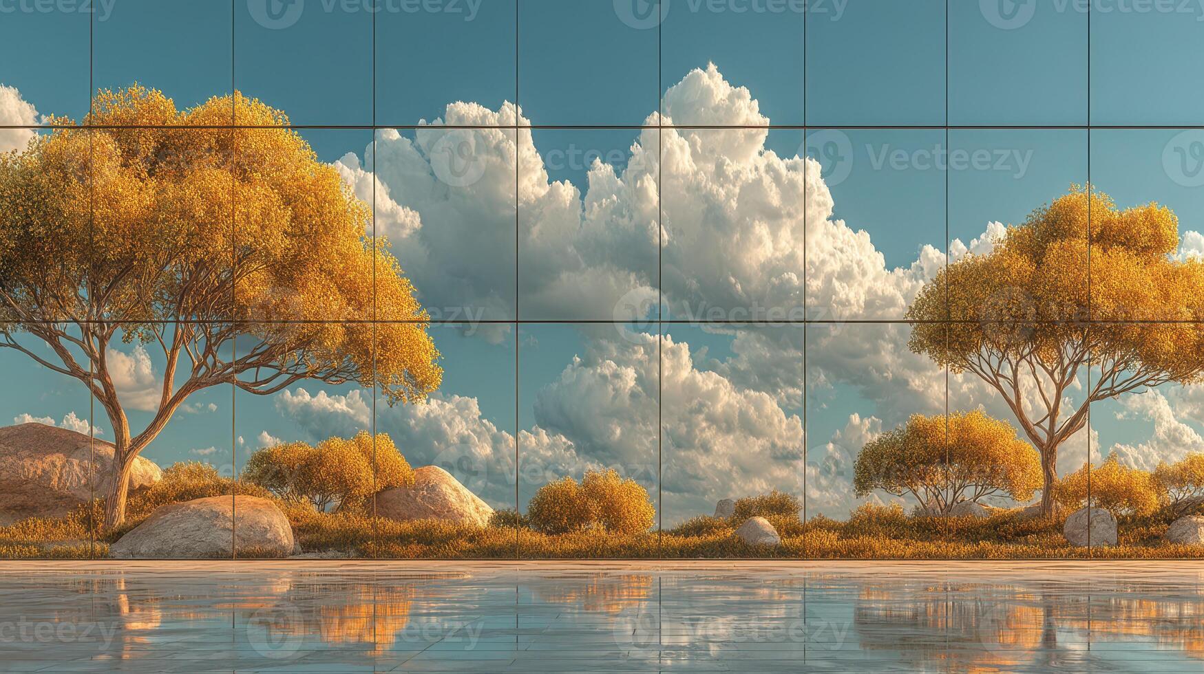 Golden trees reflecting on still water under a bright blue sky with fluffy clouds in a serene landscape photo