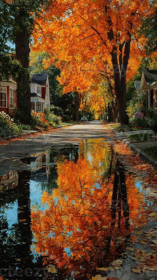 Autumn foliage reflects in puddles on a tranquil neighborhood street during the afternoon photo