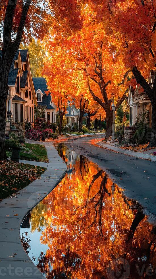 Vibrant autumn trees reflect in a quiet suburban street during golden hour in a peaceful neighborhood photo