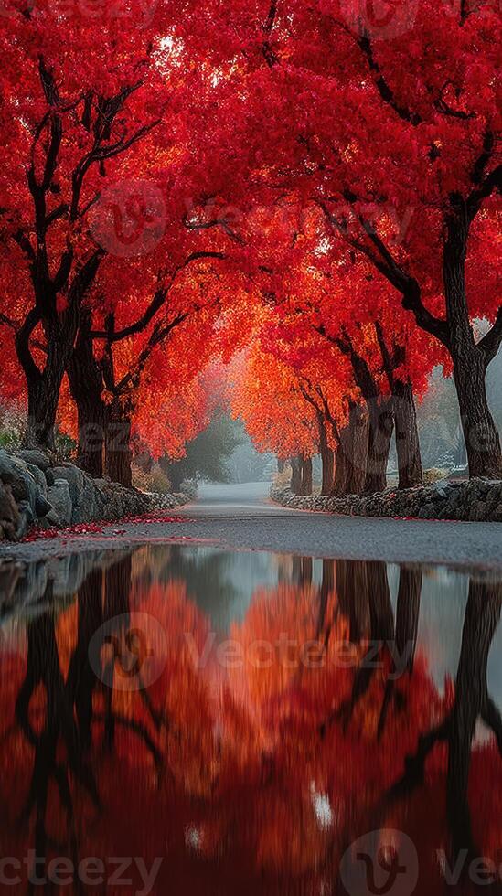 Vibrant autumn foliage reflects on serene water in a peaceful park setting during early morning light photo
