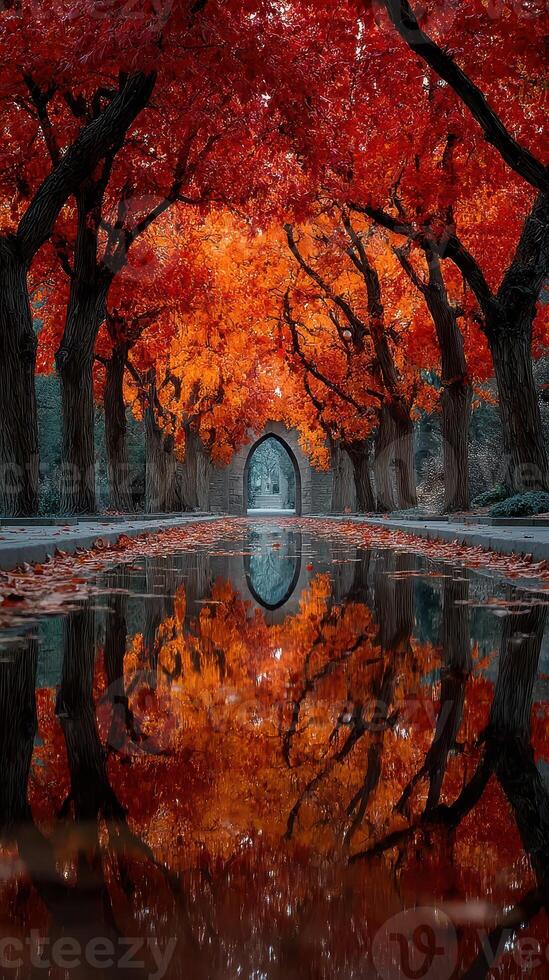 Vibrant autumn foliage reflects in tranquil water at a serene garden pathway photo