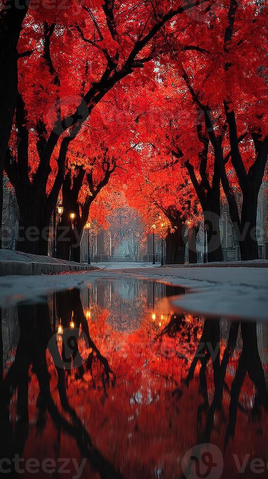 Autumn trees with vibrant red leaves reflect in a tranquil puddle along a quiet pathway in a serene park photo