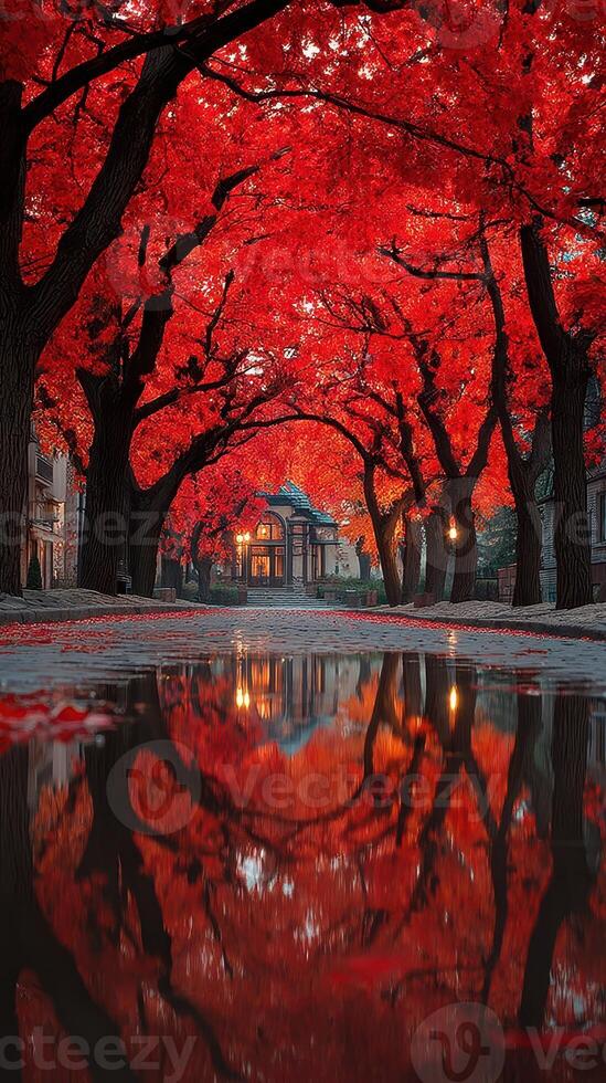 Vibrant red foliage reflects in calm water along a tree-lined pathway during autumn in a tranquil park setting photo