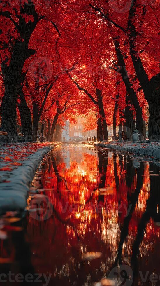 Autumn foliage reflecting on calm water in a tranquil park at dawn photo