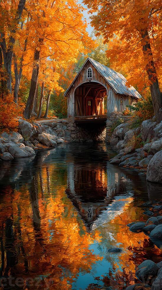 Colorful autumn landscape with rustic house by a tranquil stream surrounded by vibrant foliage photo
