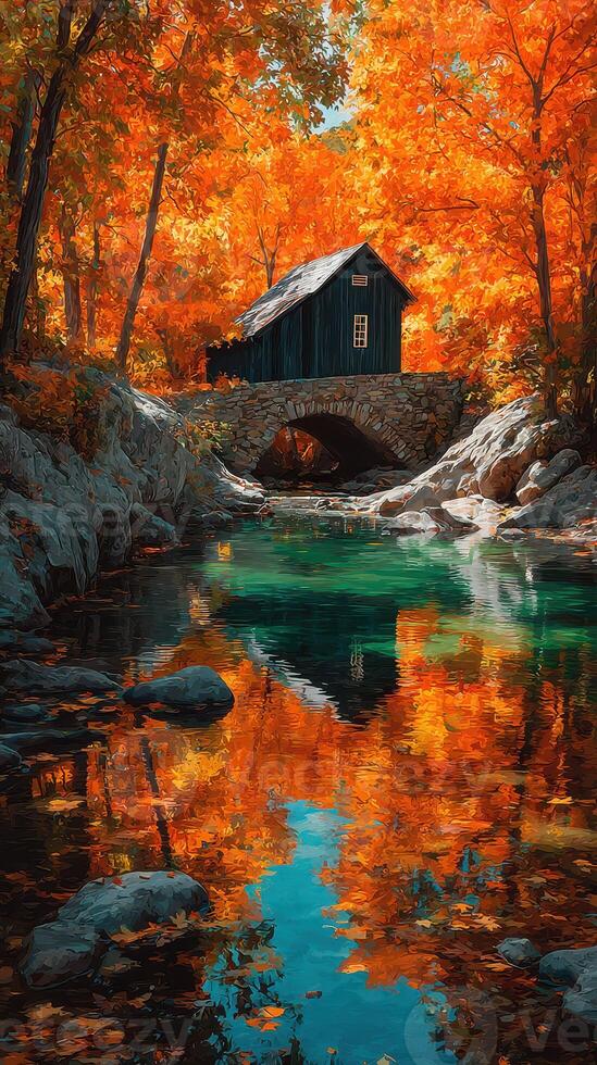 Vibrant autumn landscape with a rustic cabin over a serene river in a forested area photo