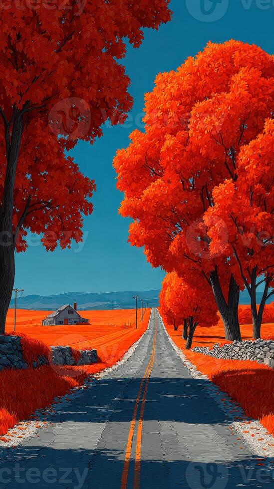 Vibrant autumn landscape with a winding road under bright red trees in a rural setting photo