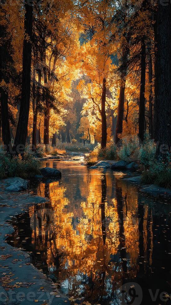 Fall colors reflect in a serene forest stream during golden hour at a national park photo
