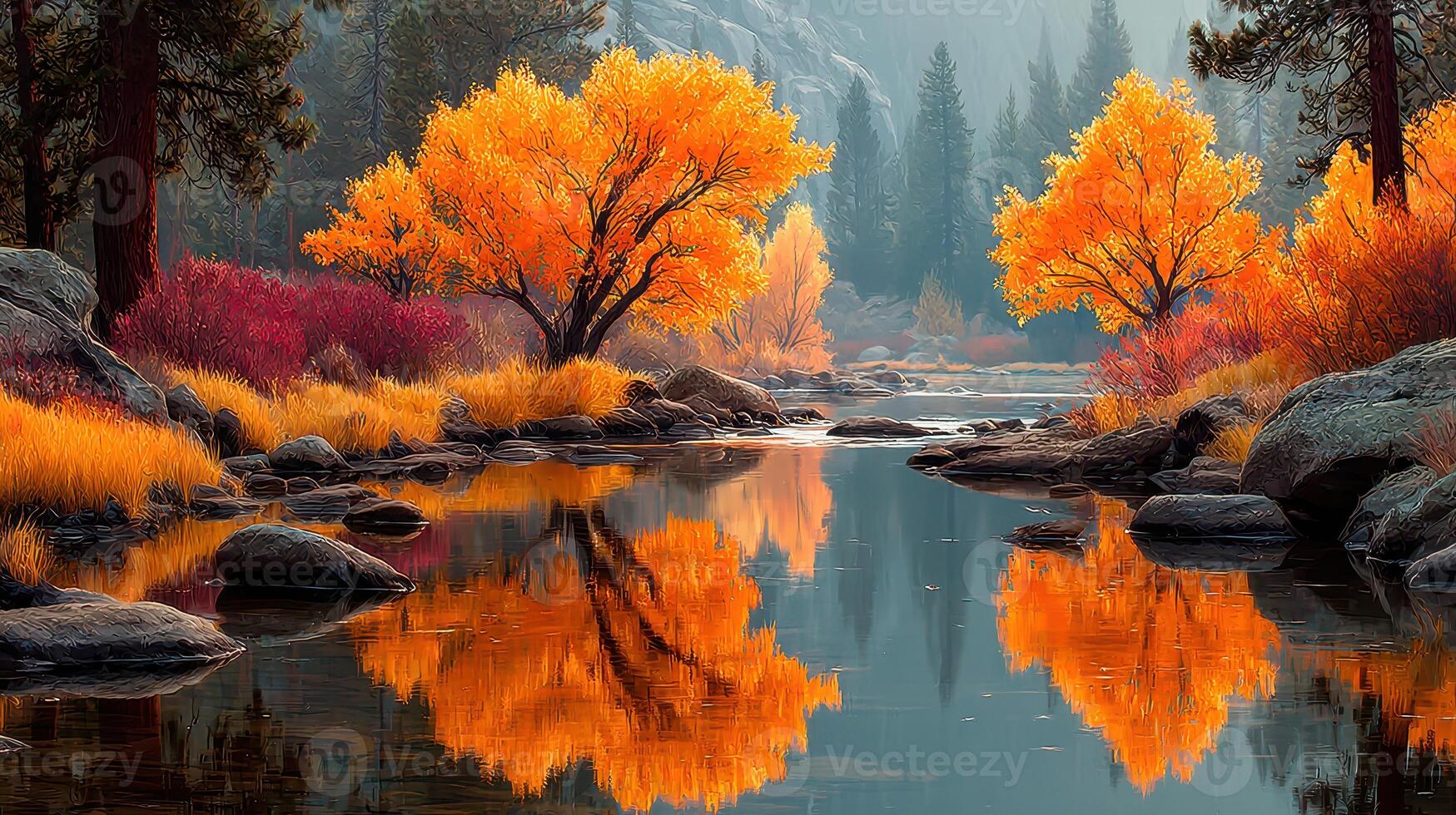 Autumn landscape features vibrant trees and serene water reflections in a tranquil natural setting photo