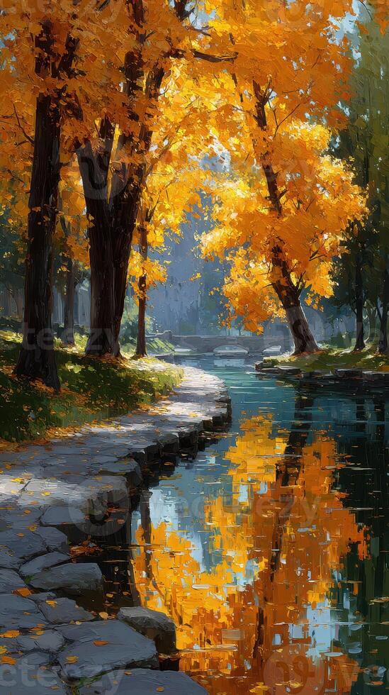 Autumn colors reflect on a calm river in a peaceful park setting during late afternoon photo