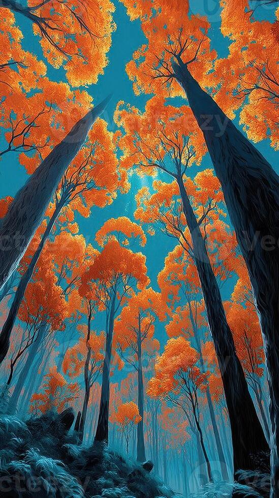 Vibrant autumn foliage illuminates a serene forest under a clear blue sky at midday in an enchanting natural landscape photo