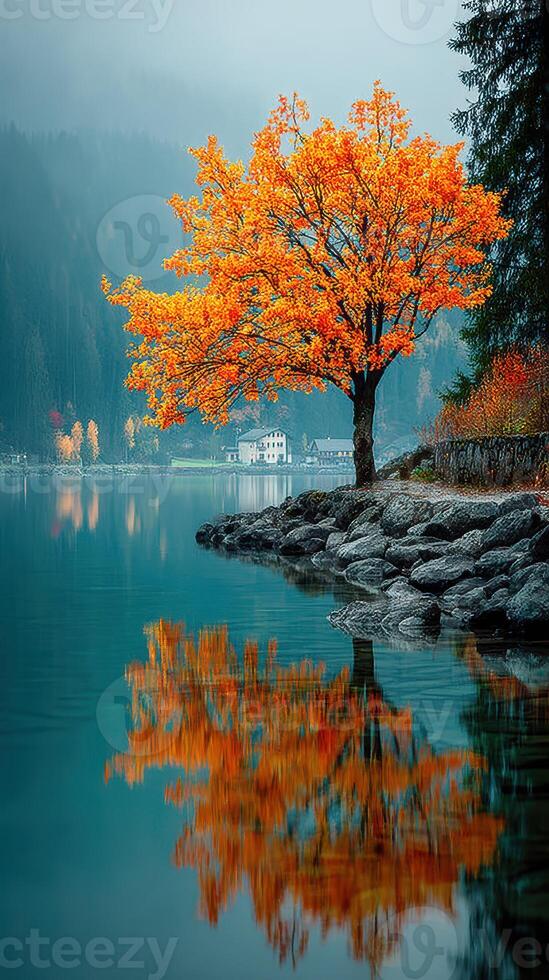 Autumn foliage reflects in calm lake waters near serene mountains during early morning hours photo