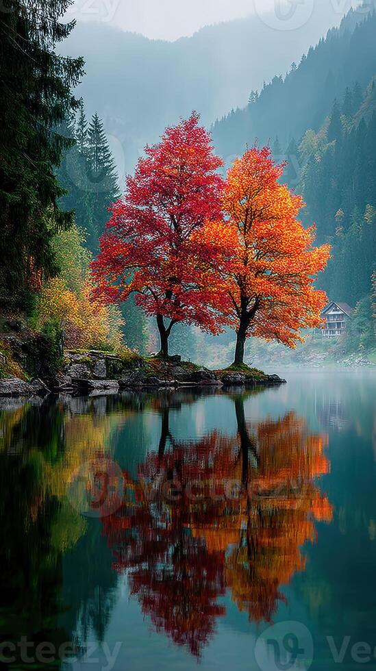 Vibrant autumn reflections of two trees beside a serene lake in the mountains photo