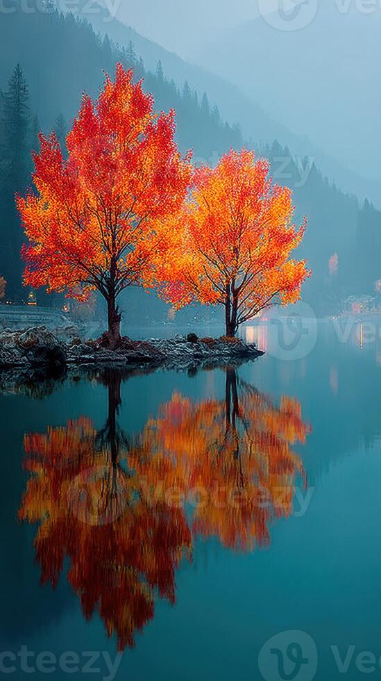Vibrant autumn trees reflect in tranquil lake surrounded by misty mountains at dawn photo