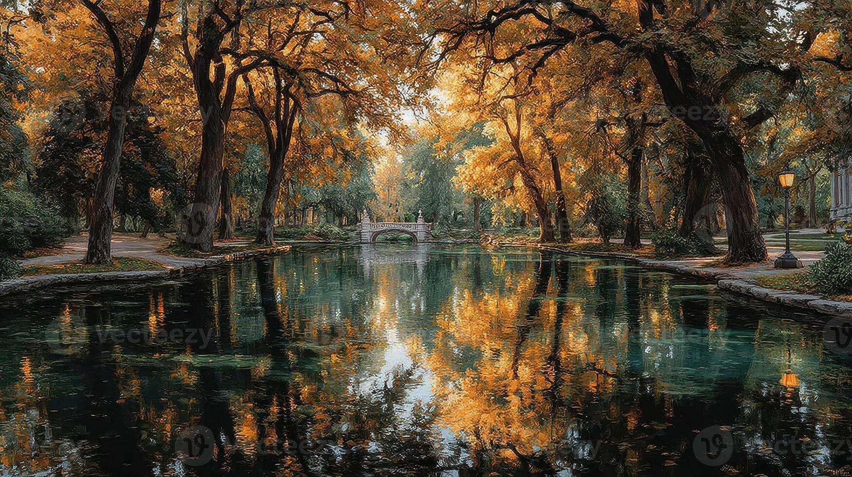 Autumn colors reflect beautifully on still waters in a serene park setting at sunset photo