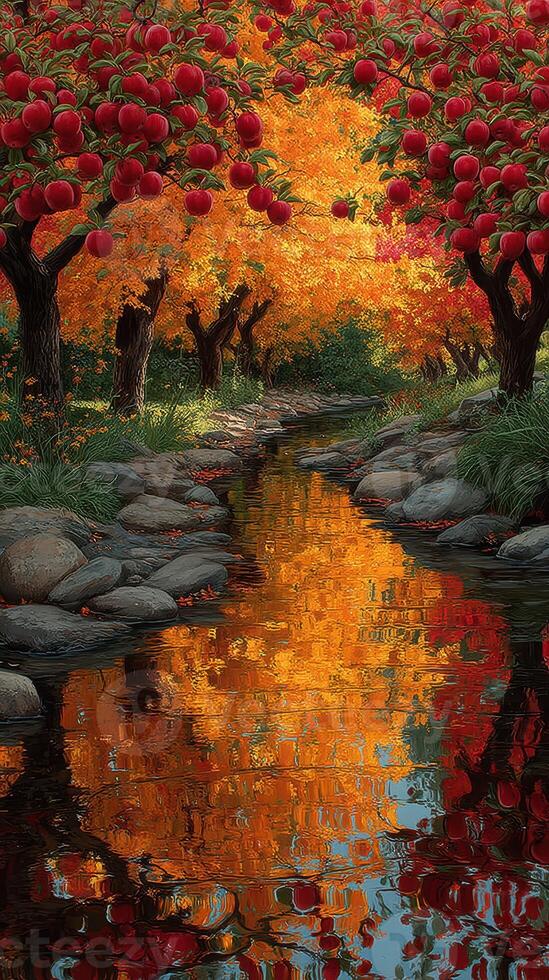 Vibrant apple orchard in autumn with a tranquil stream reflecting colorful foliage photo