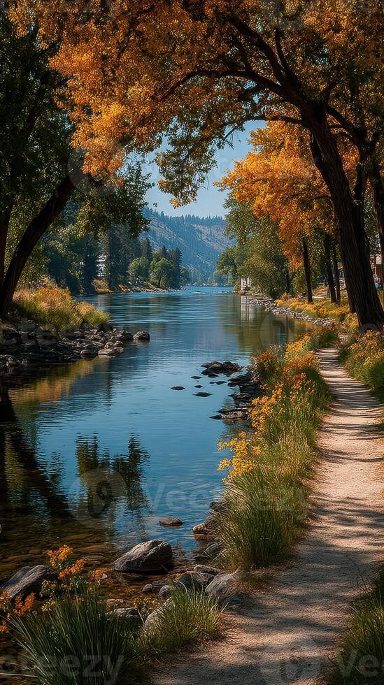 Scenic river pathway lined with golden trees and vibrant flowers on a sunny afternoon photo