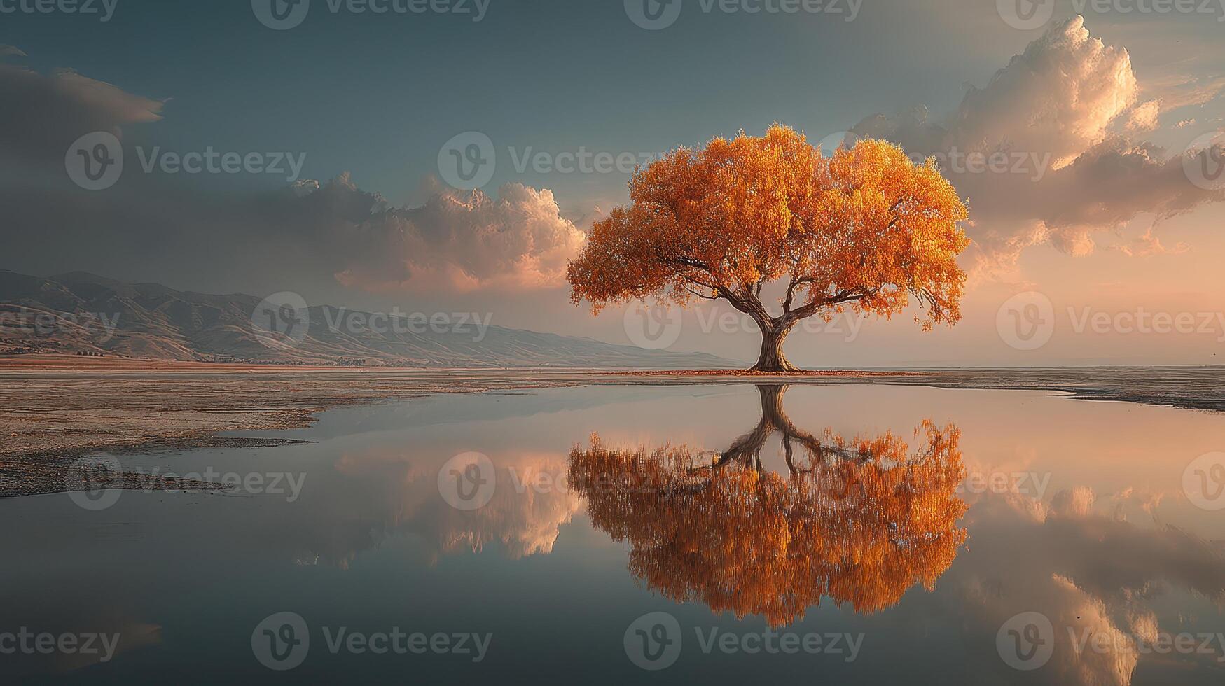 Majestic autumn tree reflects in calm water during golden hour at peaceful landscape photo
