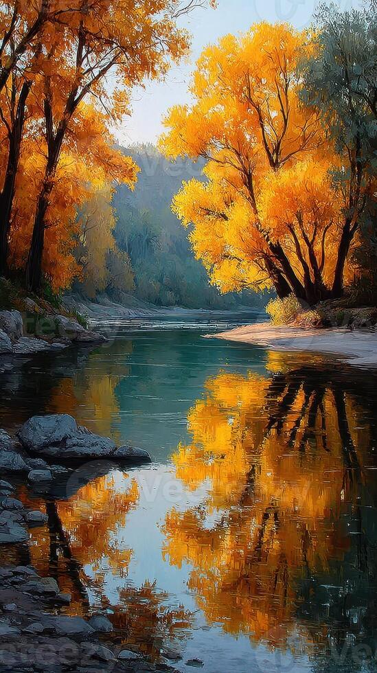 Autumn colors reflect in a serene river surrounded by vibrant trees at sunrise photo