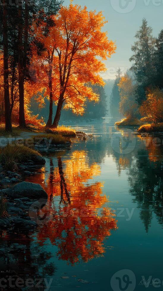 Autumn reflection of trees along a serene river at dawn with vibrant orange foliage photo