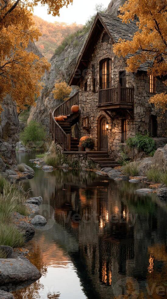 Charming stone house by the serene river in a vibrant autumn setting with warm lighting photo