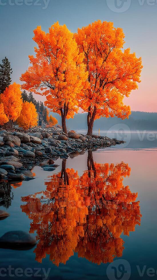 Vibrant autumn trees reflect on calm lake at sunrise in serene countryside setting photo