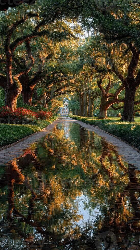 Serene garden pathway with reflecting pond and majestic oak trees at golden hour in a lush landscape photo