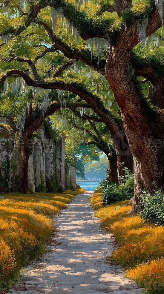 Pathway adorned with vibrant foliage and moss-covered trees near a serene body of water in the afternoon sunlight photo