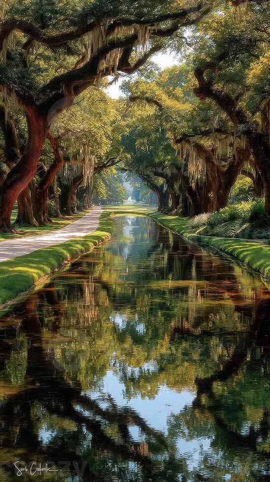 Serene waterway bordered by majestic oak trees draped in Spanish moss during a sunny afternoon in a quiet park photo
