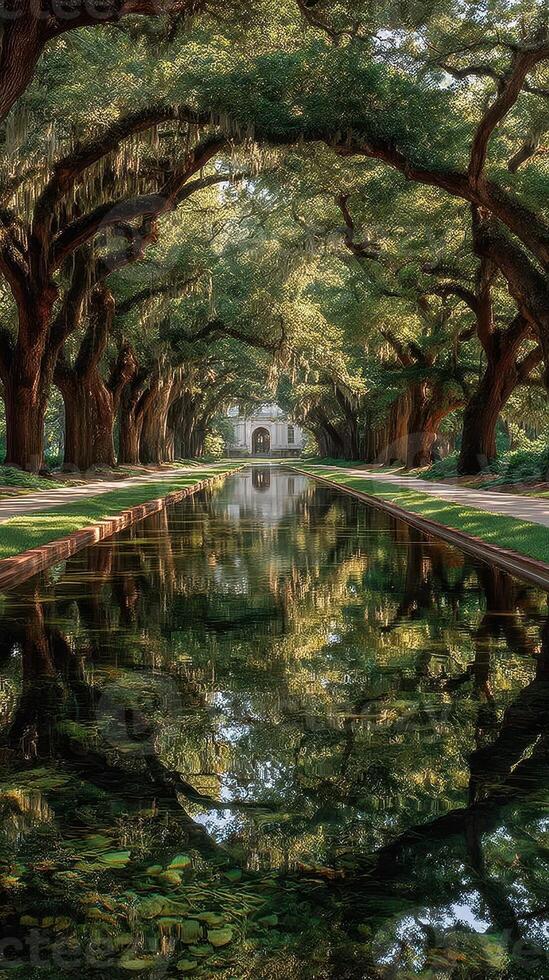 Reflections on a serene canal surrounded by majestic oak trees at a tranquil park during golden hour photo