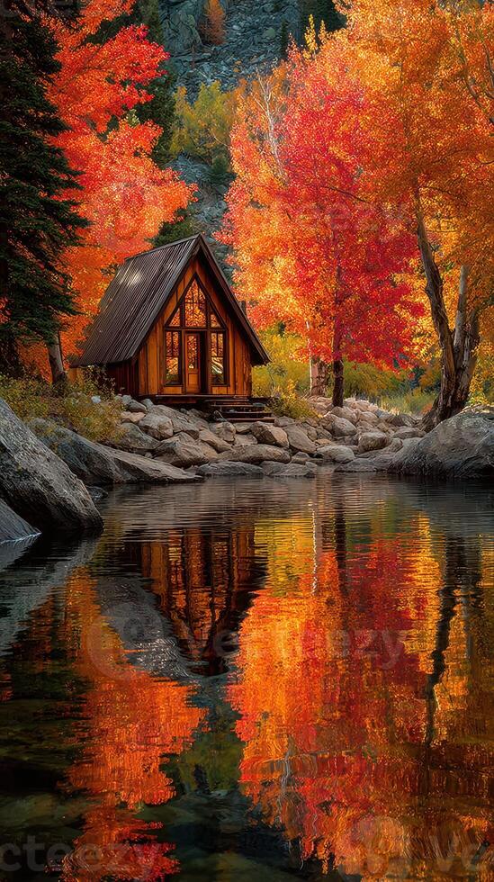 Colorful autumn landscape featuring a rustic cabin near a tranquil lake with vibrant trees and reflections photo