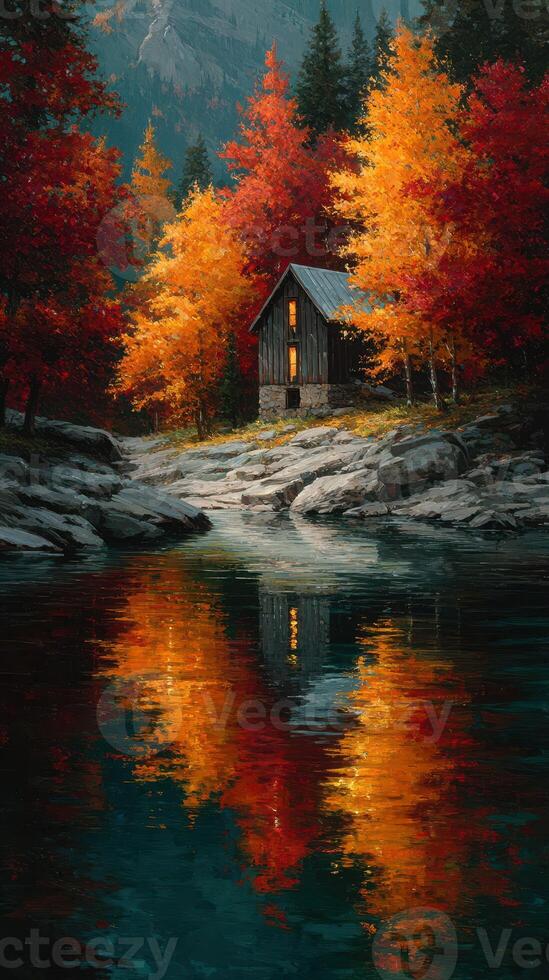 Charming cabin by a tranquil lake surrounded by vibrant autumn foliage reflecting on the water's surface in a peaceful forest setting photo