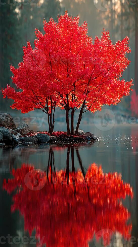Vibrant red tree reflecting in calm water at dawn reveals nature's stunning beauty in a serene forest setting photo