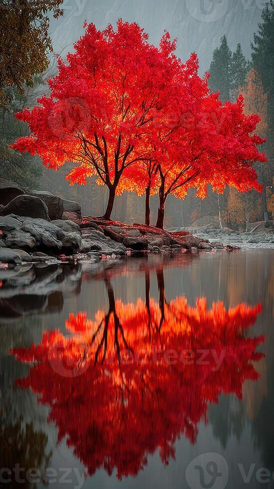 Vibrant autumn trees reflect in still waters of a serene lake at dawn in a forested landscape photo