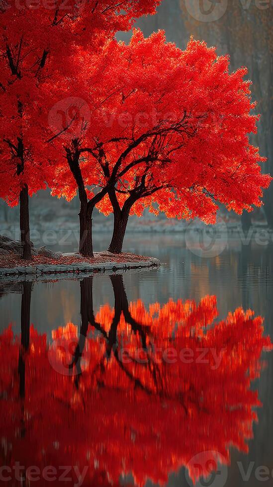 Red autumn trees reflecting on a tranquil lake in early morning light photo