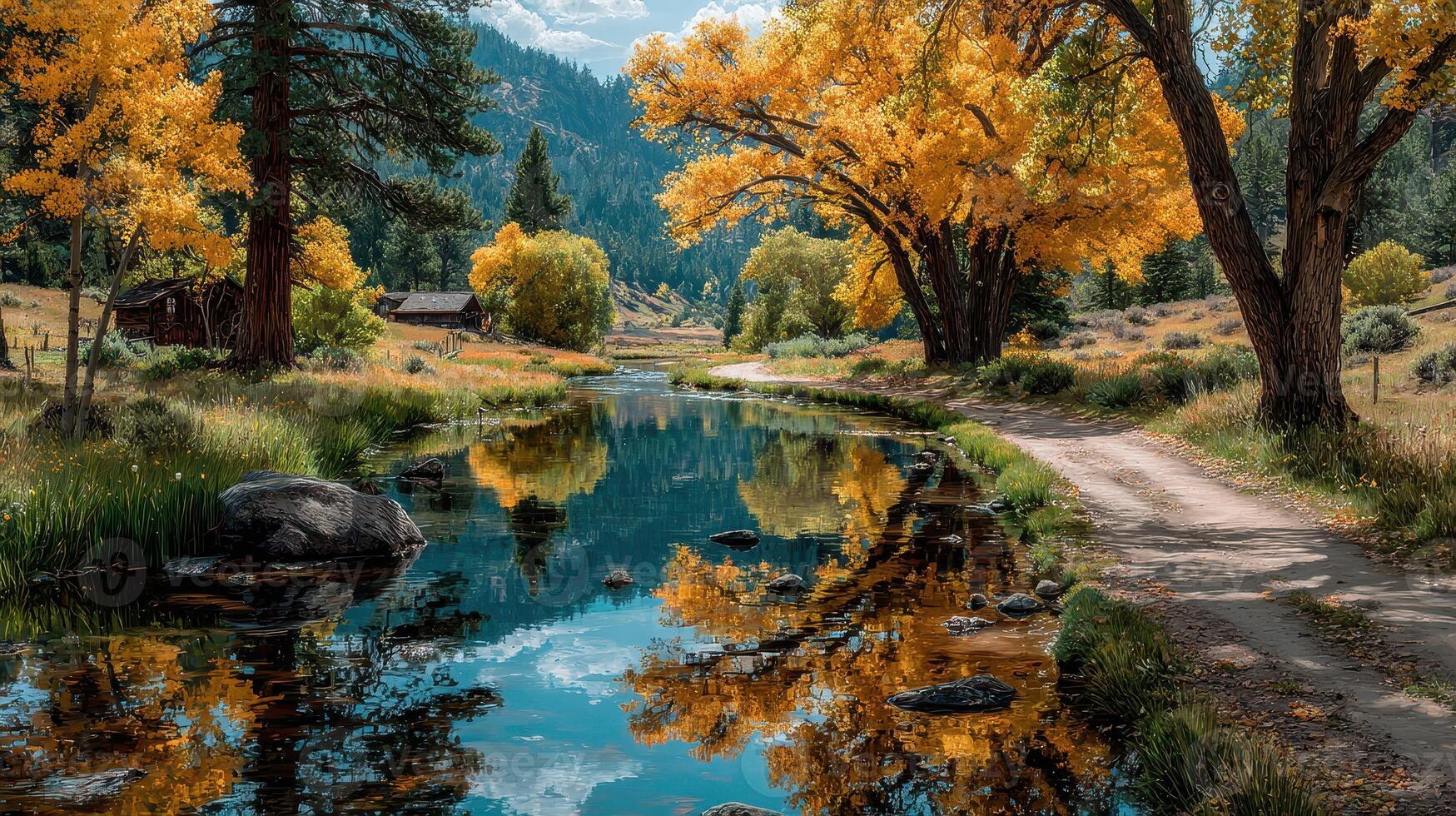 Vibrant autumn landscape by a tranquil river in the mountains with golden trees reflecting in the water photo