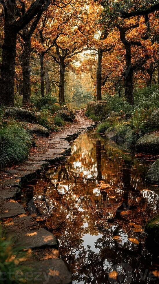 Beautiful autumn pathway lined with trees and tranquil water reflection in a serene forest setting photo