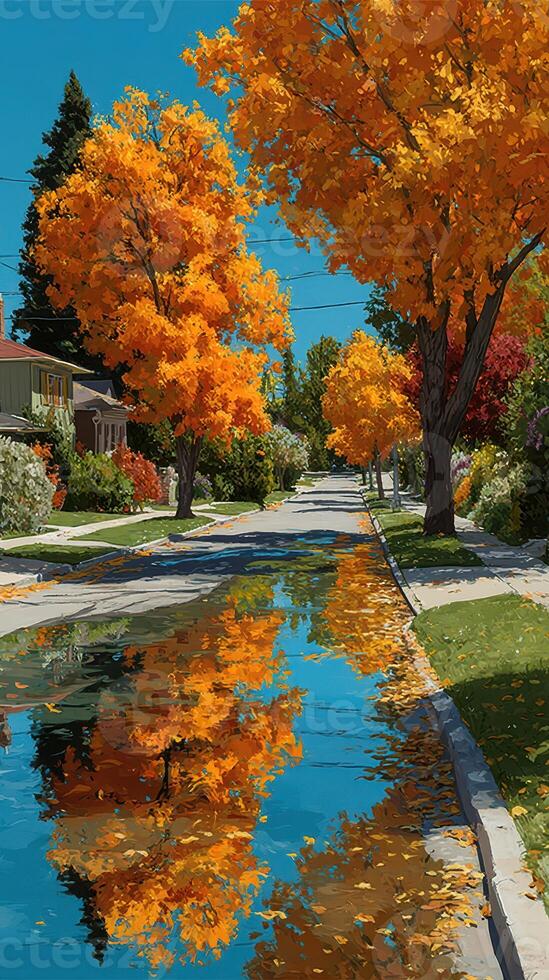 Bright autumn trees reflect in a quiet suburban street after rainfall photo