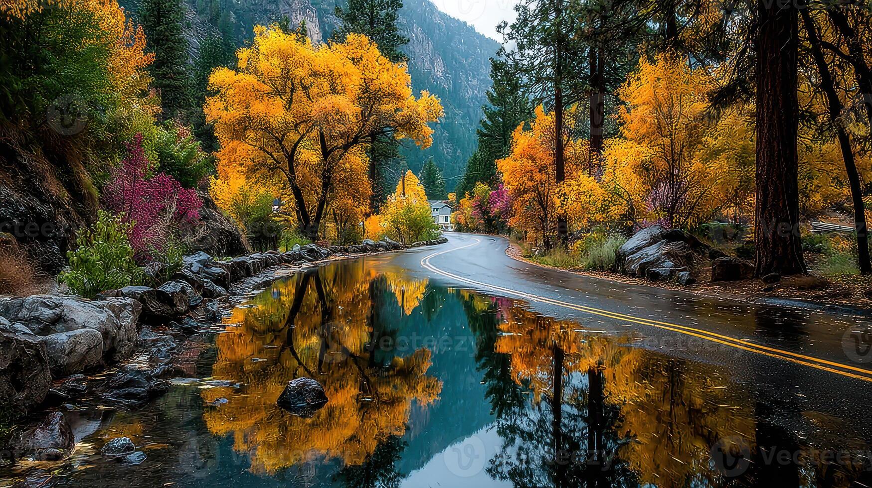 Autumn colors reflect on a winding road in a tranquil mountain landscape during a serene evening photo
