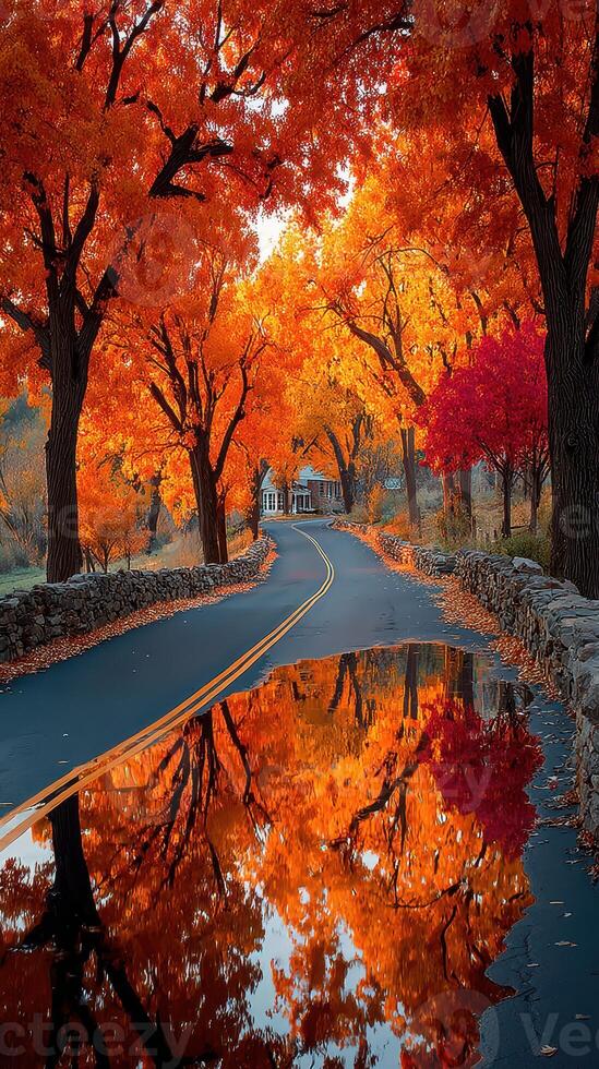 Vibrant autumn colors reflect on a serene road surrounded by trees in a peaceful landscape photo