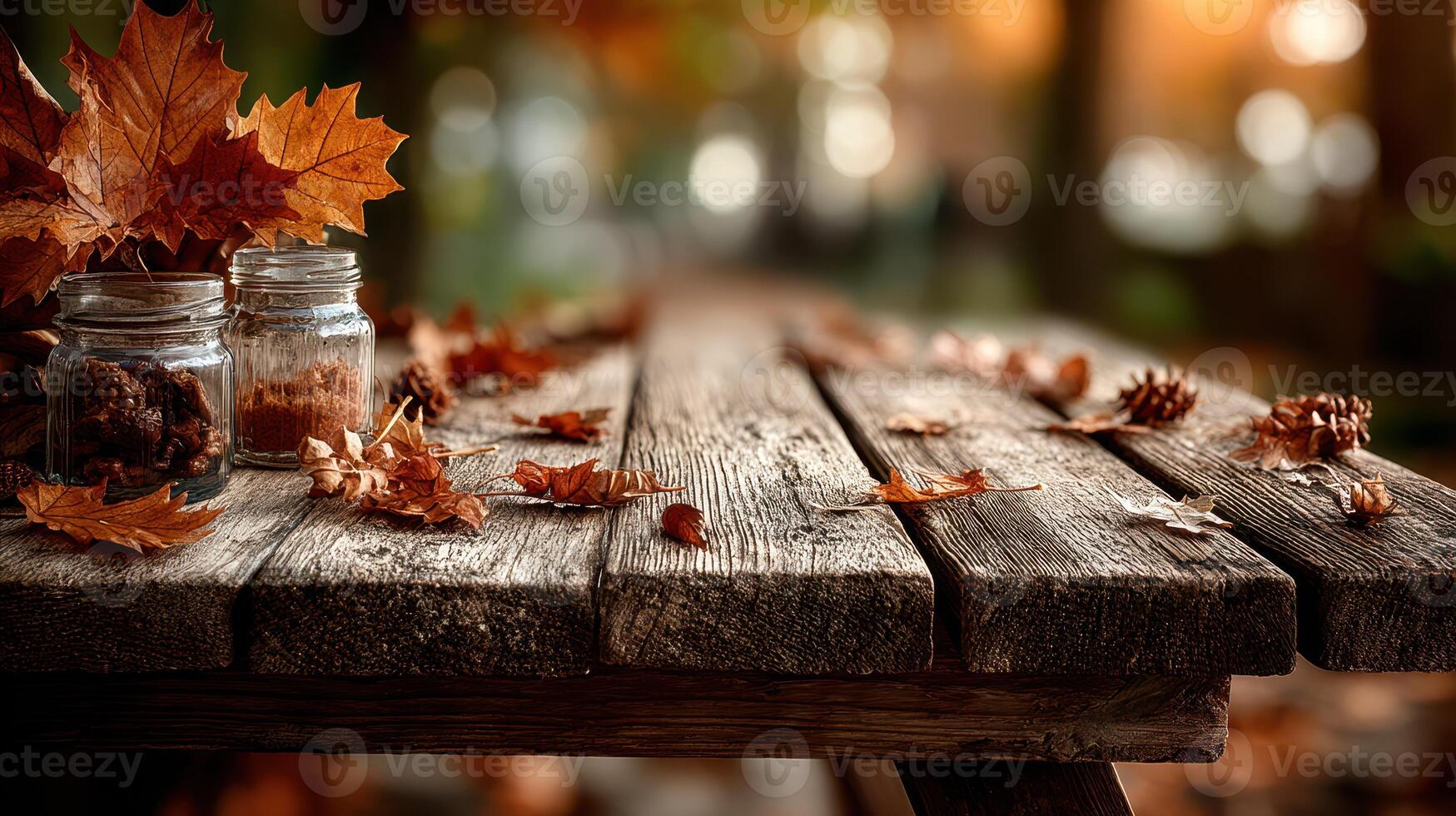 Rustic wooden table adorned with autumn leaves and jars showcasing seasonal decorations photo