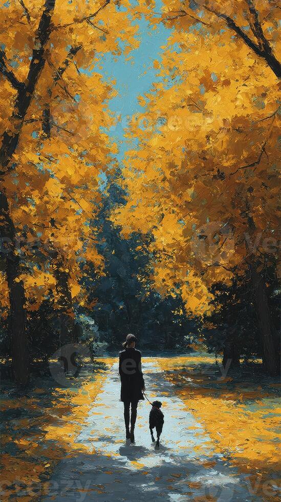Walk along a tree-lined path in autumn with a person and a dog under golden leaves photo