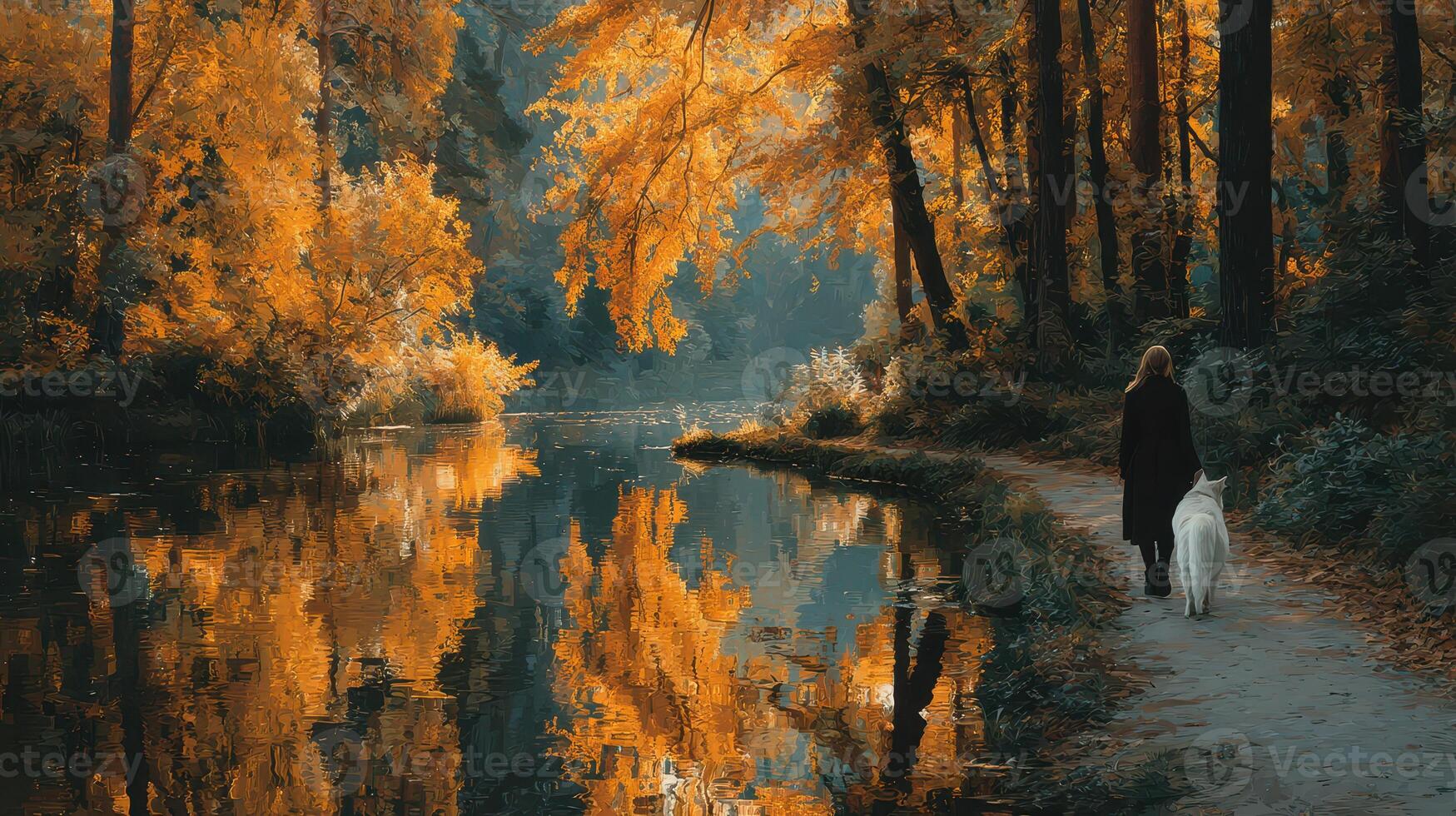 Stroll along a serene riverbank surrounded by vibrant autumn foliage in a peaceful forest setting photo