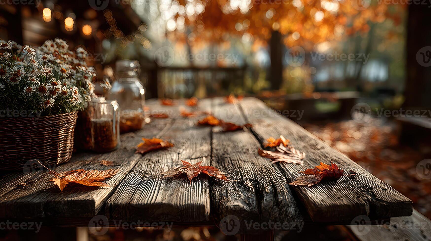Autumn table setting with fallen leaves and flowers in a tranquil outdoor space during golden hour photo