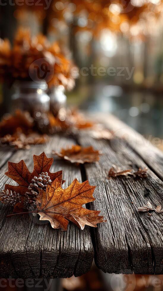 Autumn leaves and pine cones on weathered wooden table by a serene riverbank in a tranquil forest setting photo